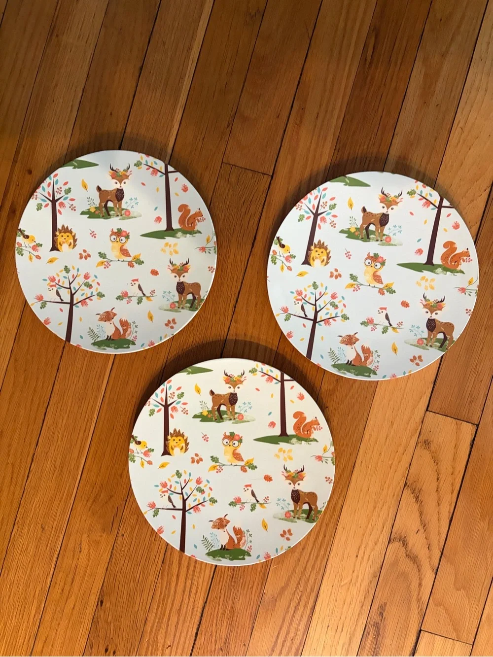 Melamine MidCentury Like 9” Woodland Animals Plates (3) Green orange, kids Retro